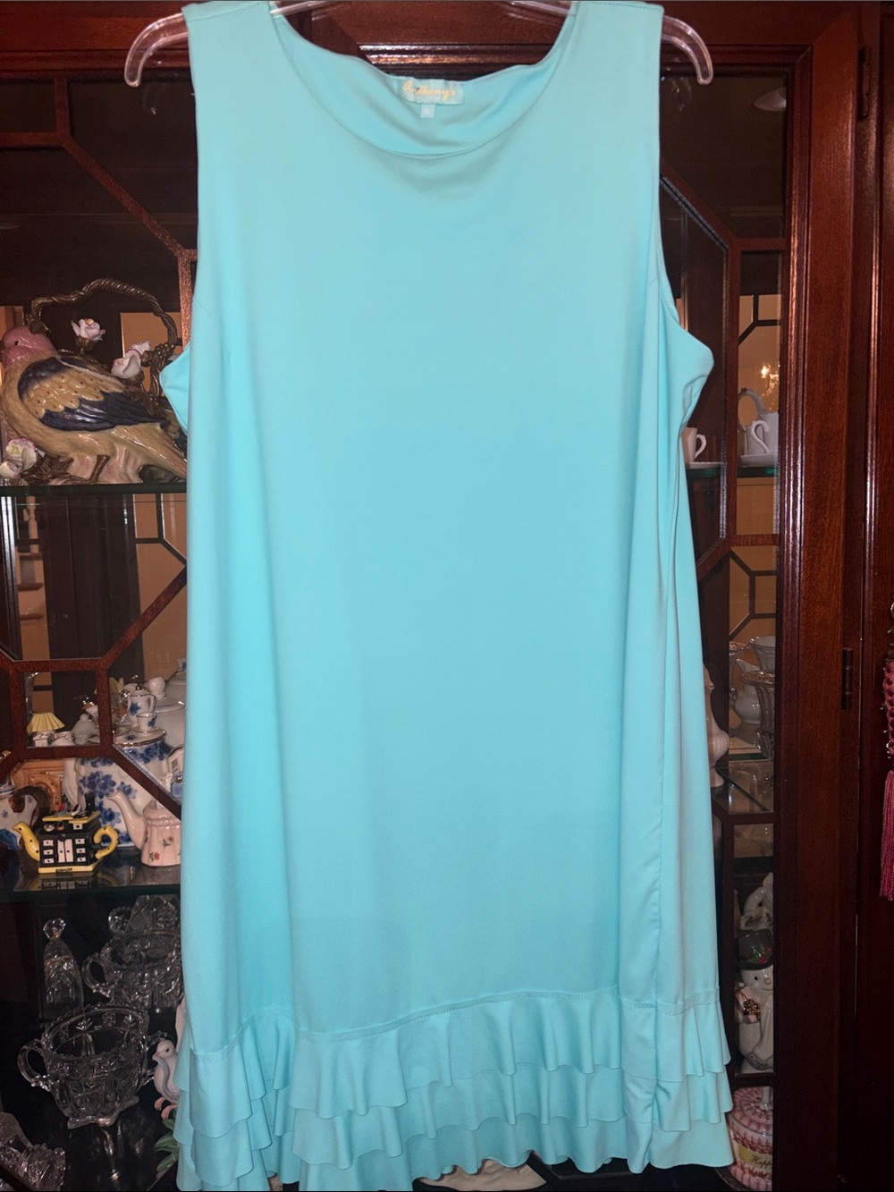 Sleeveless Aqua Ruffle-Hem Shift Dress